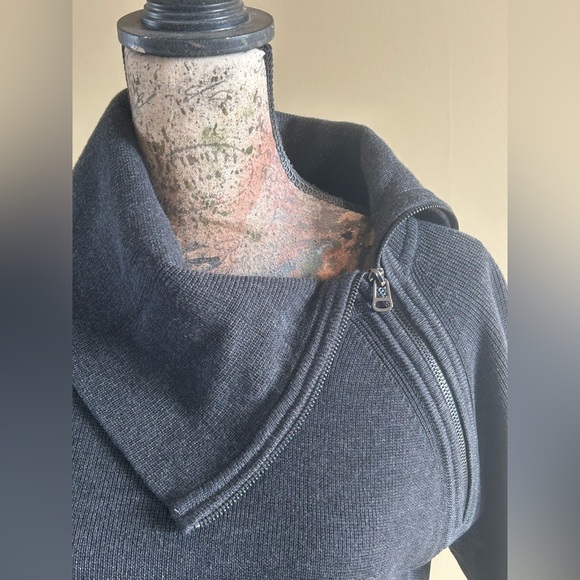 CALVIN KLEIN Dark Grey Sweater Dress L Cowl Neck Zip Detail Elbow Sleeve - Picture 2 of 9